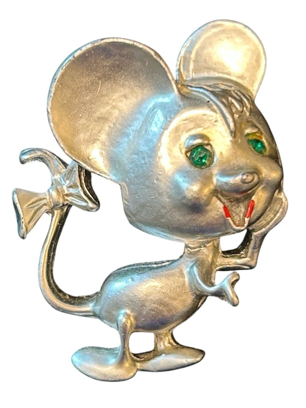 Vintage MCM mouse brooch silver-tone finish with green Rhinestone eyes red lips